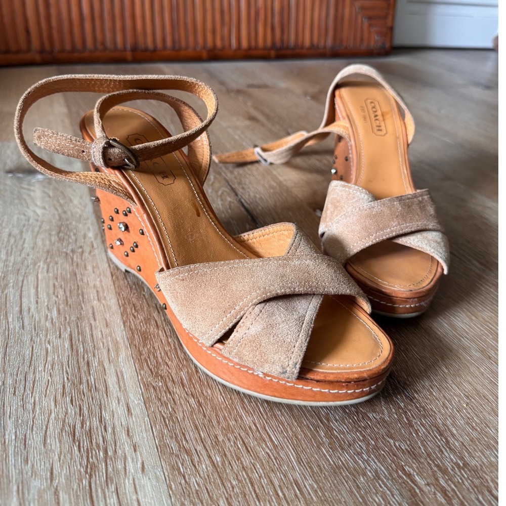 Rare Coach Eli Tan Suede Studded Wedge Sandals Y2K Rhinestone Platform 6.5M